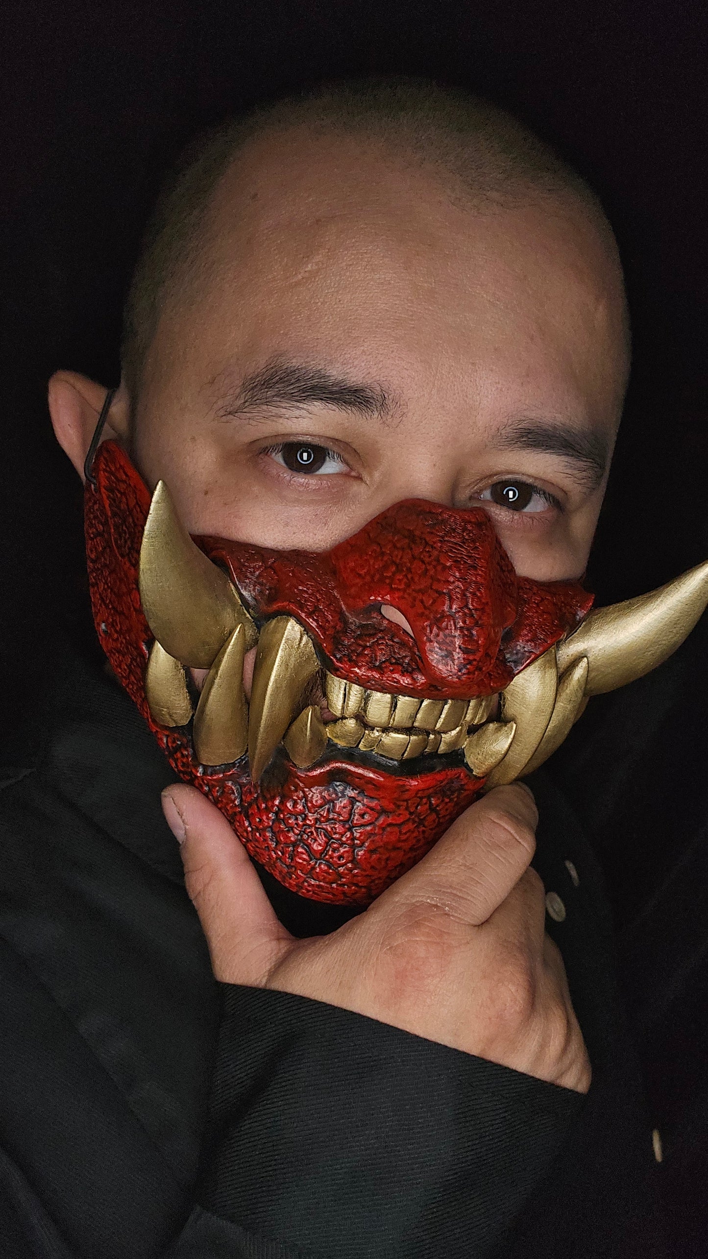 Half Oni Japanese demon mask for cosplay and display, high detail sculpt