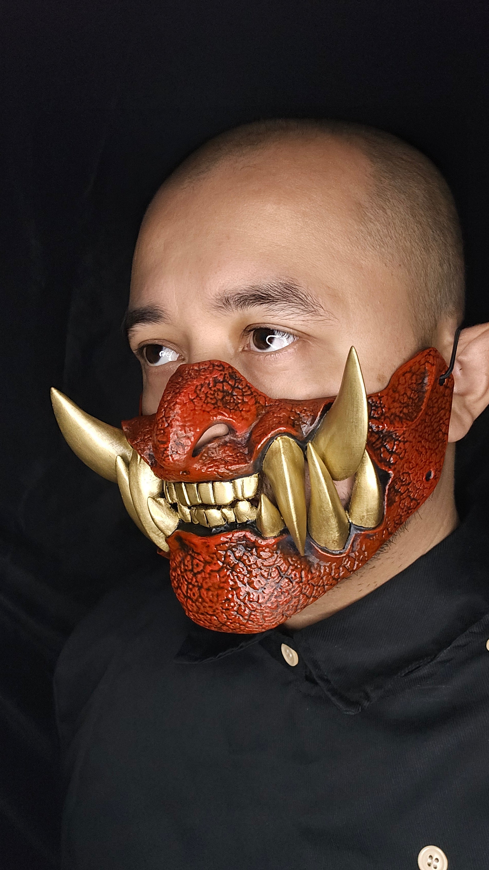 Wearable Half Oni Japanese Oni Mask displayed on mannequin head