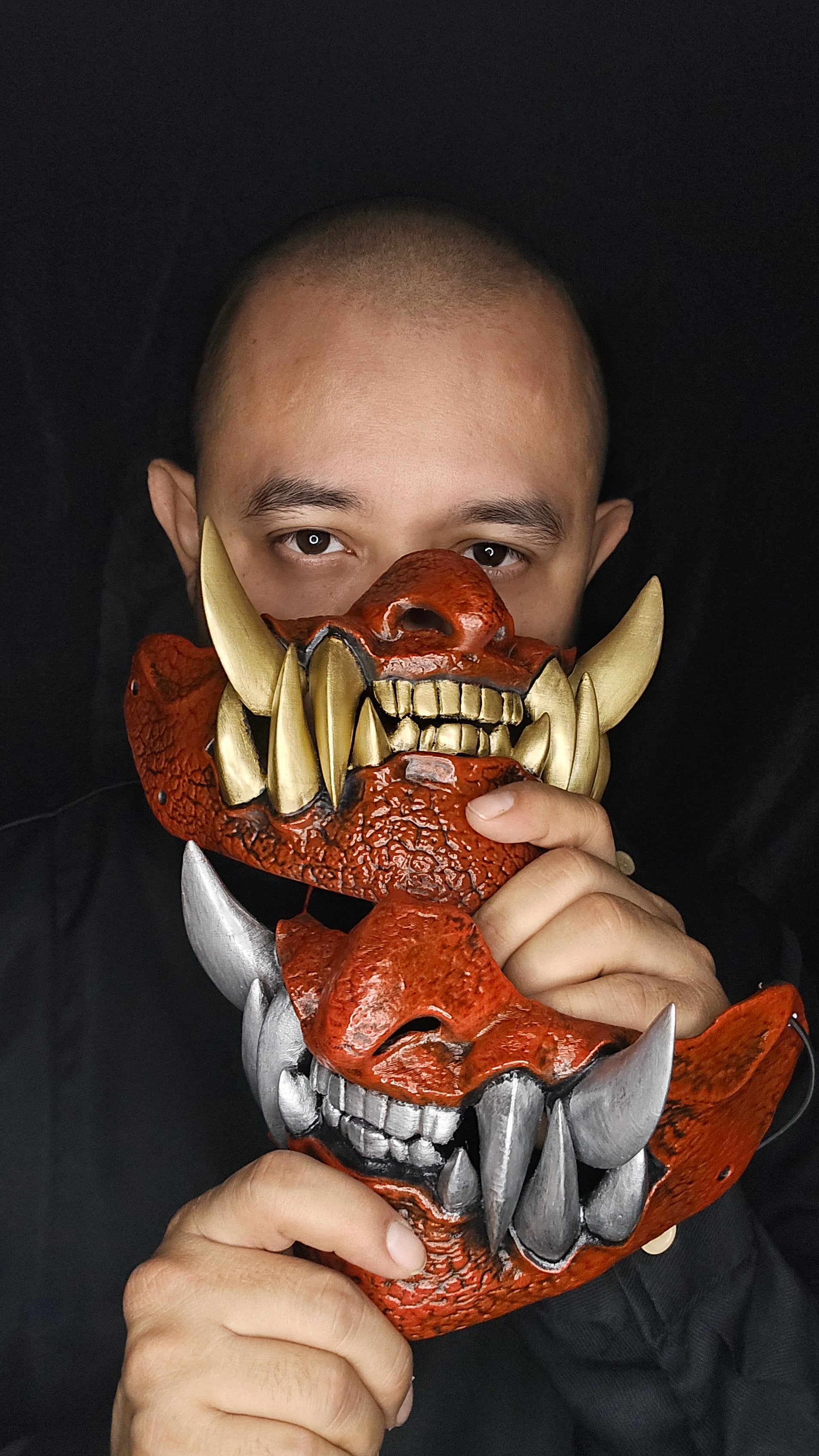 Half Oni Mask with custom paint colors, Japanese demon cosplay mask