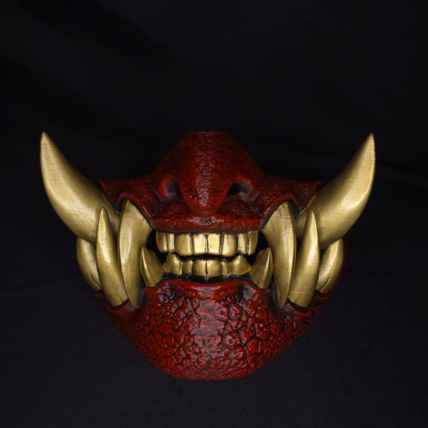 Half Oni Japanese Oni Mask with fangs, hand painted demon mask front view