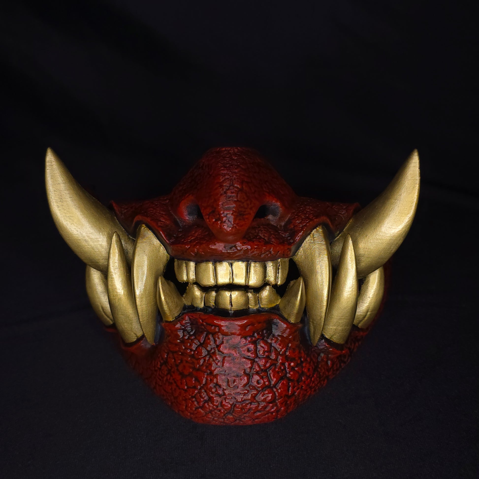 Half Oni Japanese Oni Mask with fangs, hand painted demon mask front view