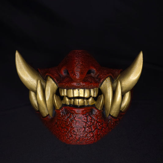 Half Oni Japanese Oni Mask with fangs, hand painted demon mask front view